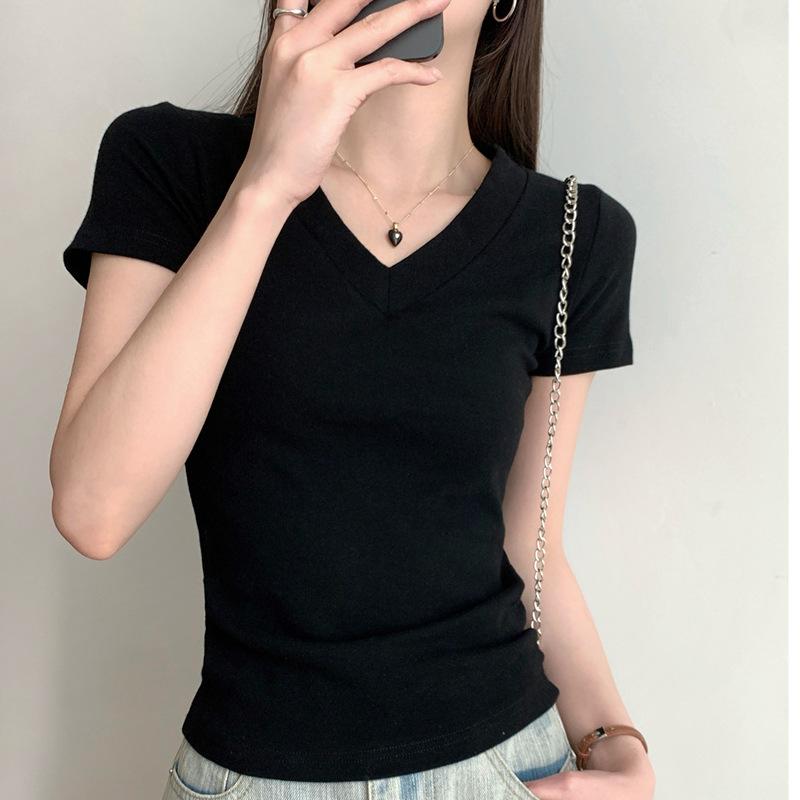 Front Shoulder Short-sleeved T-shirt Women's New Summer Basic Slim-fitting and Thin American Flower Gray V-neck Top