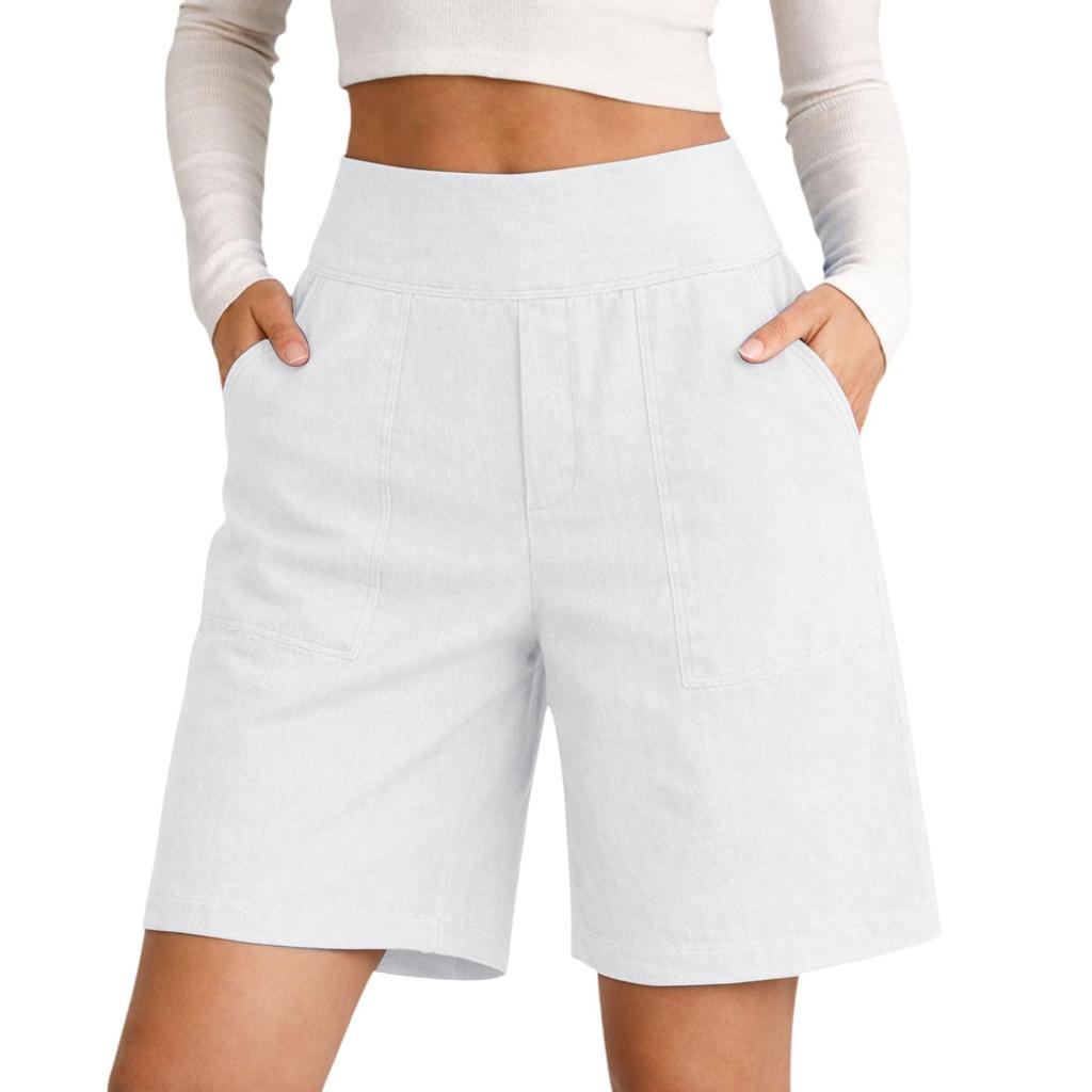 Damen Farbe Baumwolle Leinen Lässig Taille Shorts Mit Taschen Und Dreiviertelshorts