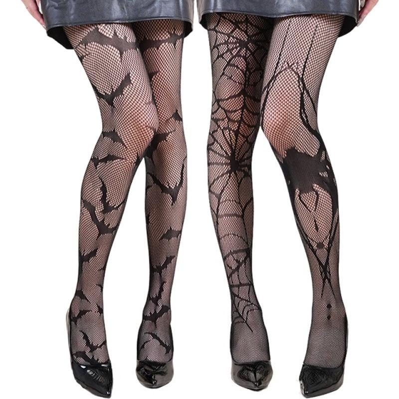 Sexy Halloween Spider Fishnet Pantyhose Gothic Bat Cosplay Stocking High Elastic Knee High Sock Women Hosiery Thigh High Tights