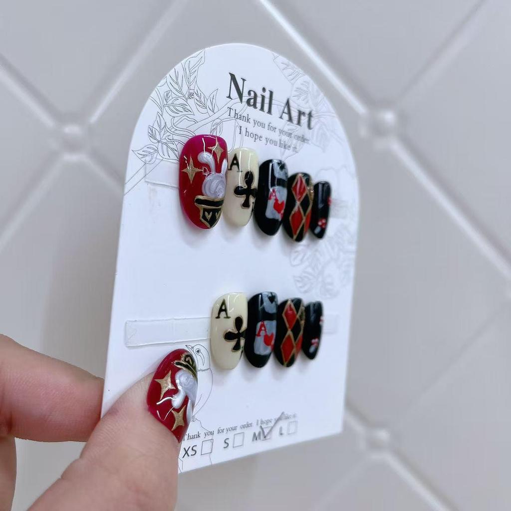 Jia Zhi Mu Hand-Painted Black & Red Oval False Nails - High-Quality Nail Art Tips