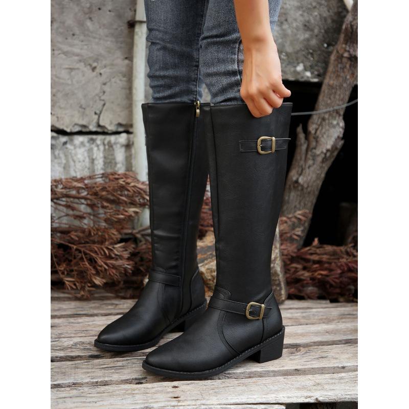 Large size women's winter new women's leather boots side zipper high boots high heel belt buckle knight boots
