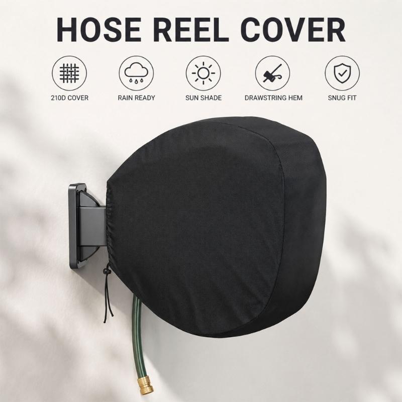 Patio Wall Hose Cover for Garden Storage, 210D Textile Shell Black Cover with Cord Edge and Inner Coating for Wall Mounted Hose Housing Use