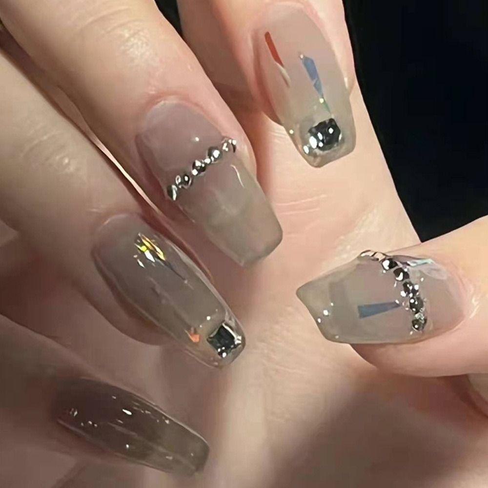 

Manicure Press on Nails DIY Grey Crystal French Ballerina Long False Nails