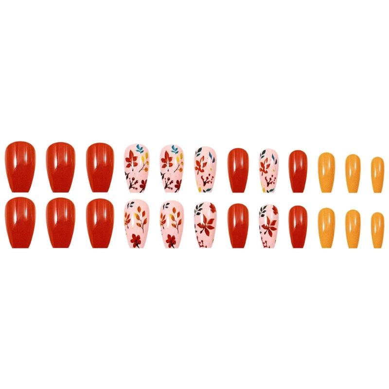 Autumn Winter Press On Nail 1 Set Glossy Ginger Leaves Design Easy Application Comfort Fit
