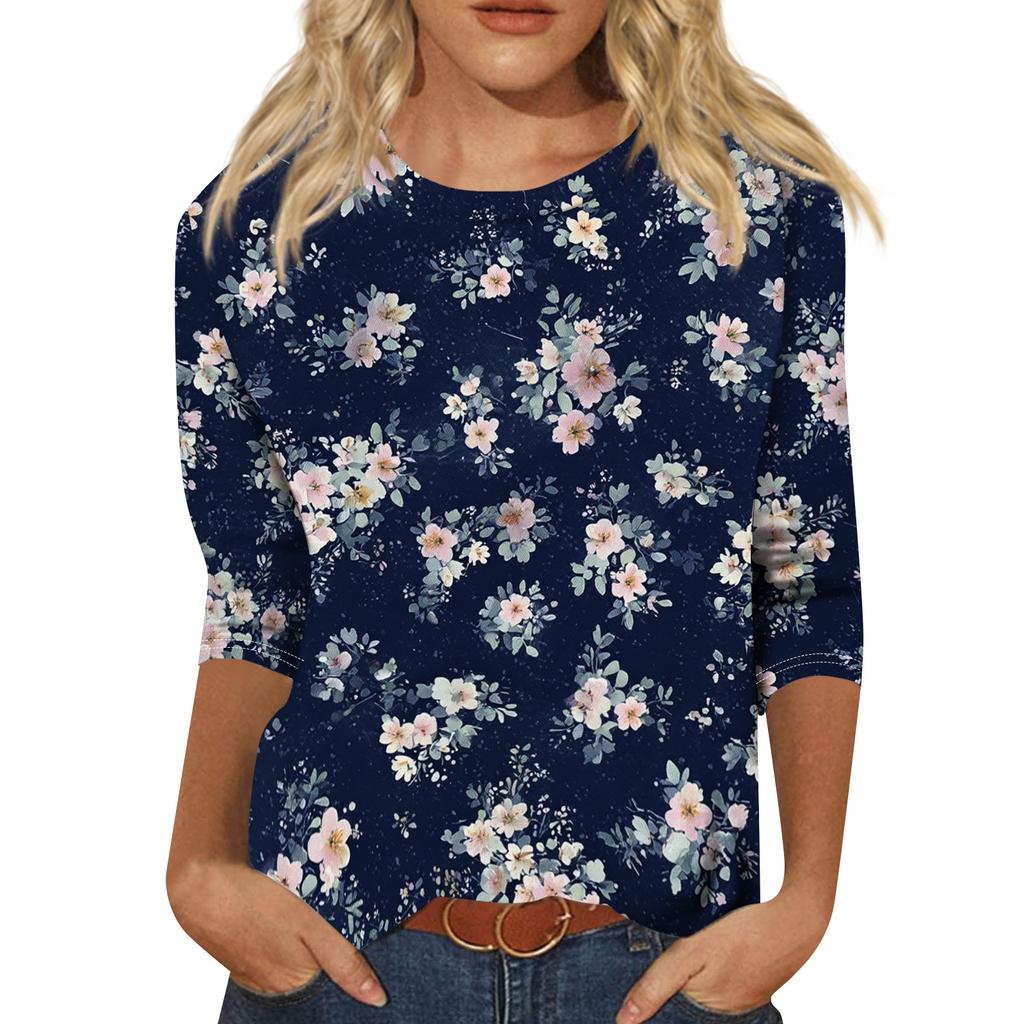 Women's Casual Floral Print Three Quarter Sleeve Crew Neck Top Lightweight Soft Fabric Comfortable Fit Daily Wear