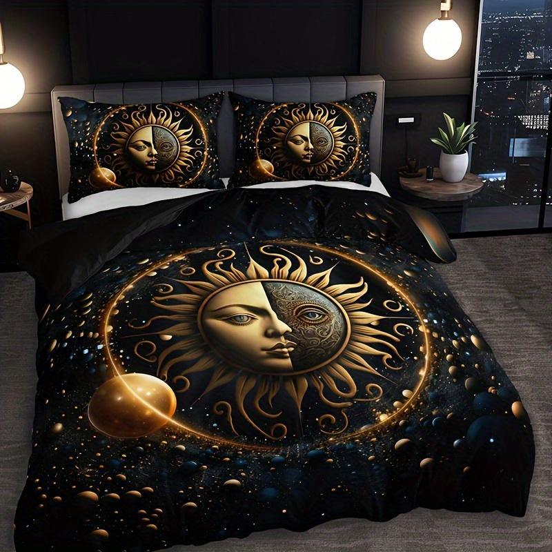 Celestial Sun Moon Stars Duvet Cover Set Golden Printed Bedding Set For Home Decor Includes 1 Duvet Cover And 2 Pillowcases