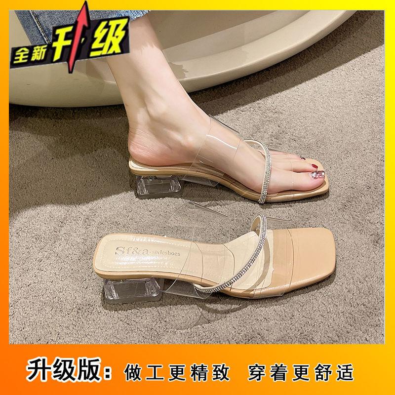2025 summer new fairy wind transparent sandals Internet celebrity rhinestone square head middle heel sandals casual wear cool slippers