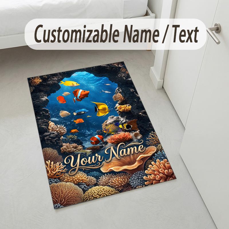 Underwater Coral Paradise Theme Soft Crystal Velvet Rug Custom Name & Text Print Non Slip Floor Rug for Bedroom Living Room