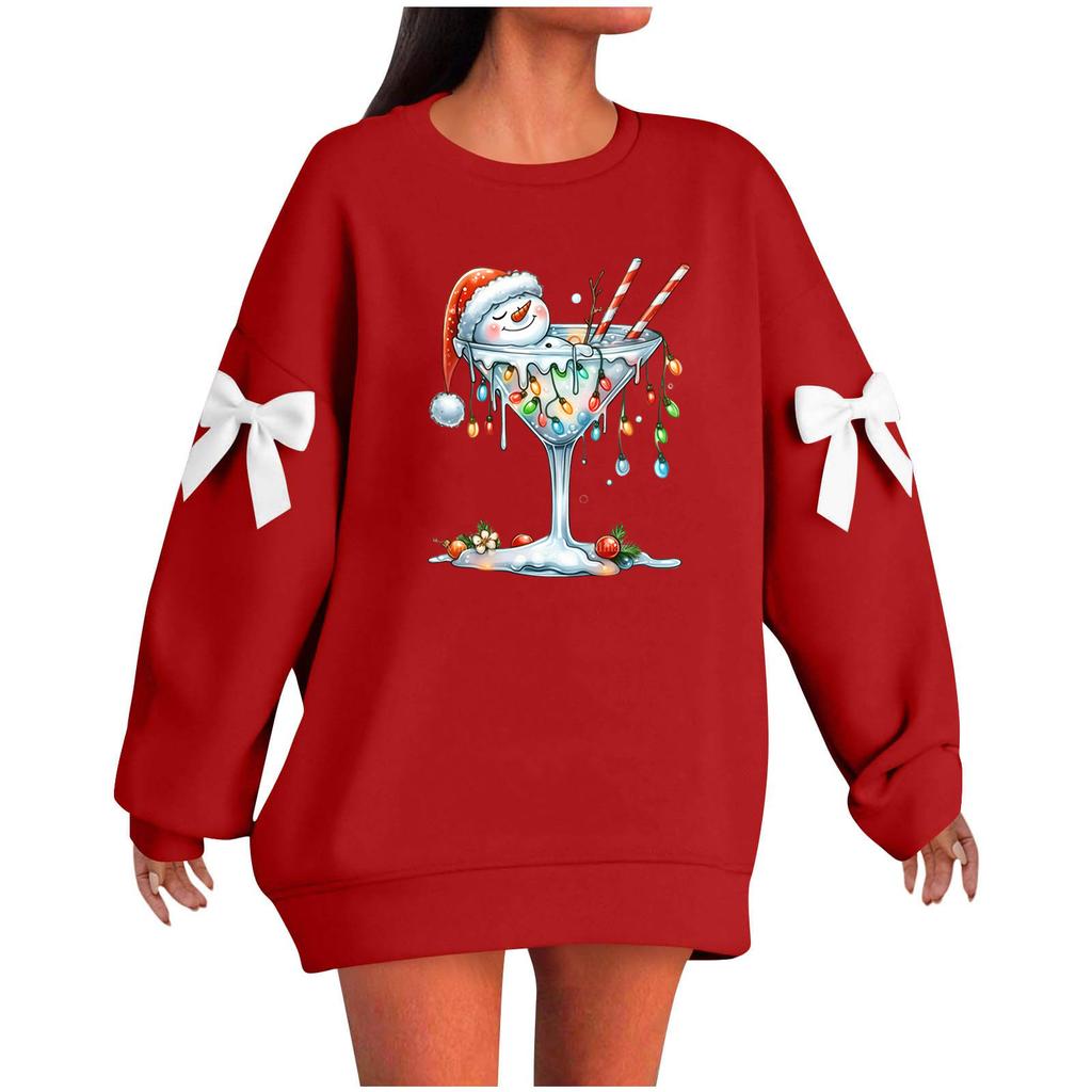 Ladies' Christmas Printed Bow Round Neck Long Sleeved Loose Pullover Sweater Sweatshirt Top