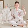 Kids Ice Silk Pajama Set Girls 3-Piece Short Sleeve Long Pants Cartoon Print Soft Breathable Sleepwear Home Outfit