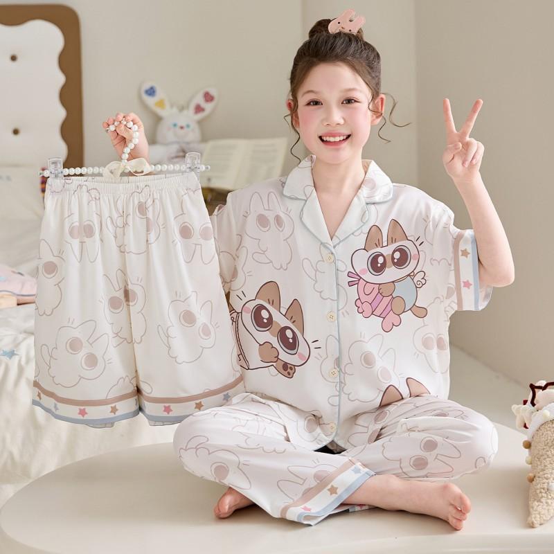 Kids Ice Silk Pajama Set Girls 3-Piece Short Sleeve Long Pants Cartoon Print Soft Breathable Sleepwear Home Outfit