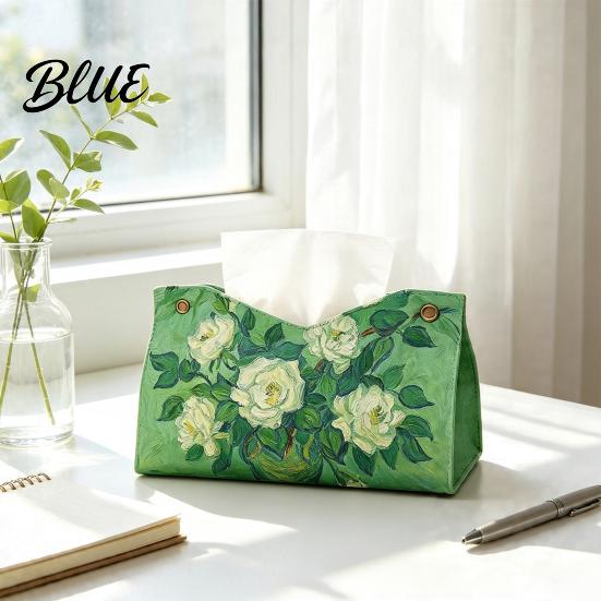Household Storage Bag Leather Tissue Box Cover Foldable Desktop Organizer Oil Painting Style Napkin Holder Case Reusable Facial Paper Organizer