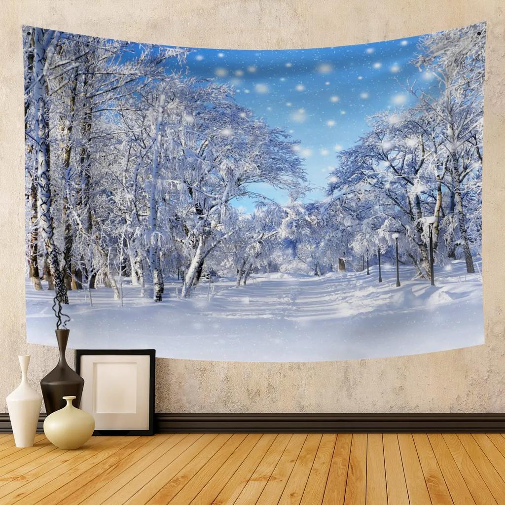 Christmas Tapestry Wall Hanging Nature Winter White Forest Snow Wall Tapestry Art for Party Living Room Bedroom Dorm Home Decor