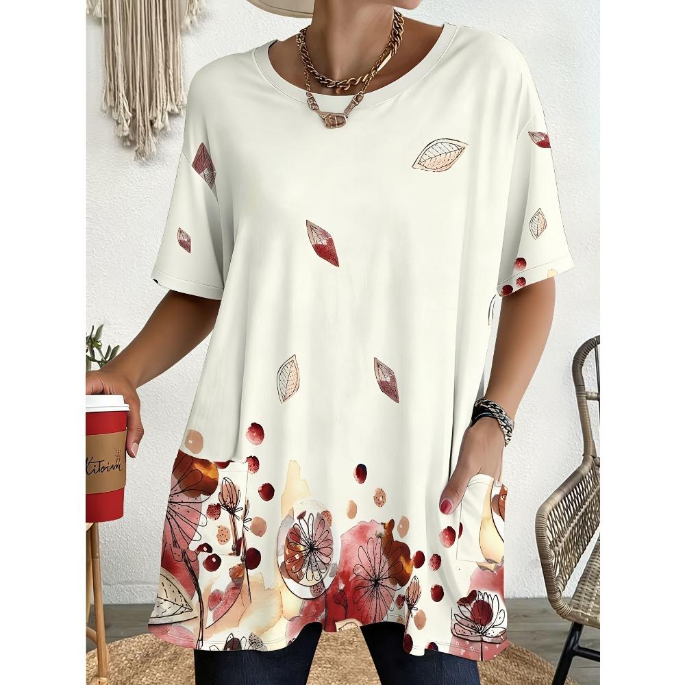 Women's Summer Short Sleeved T-shirt, 3D Printed Pocket T-shirt, Casual Plus Size T-shirt