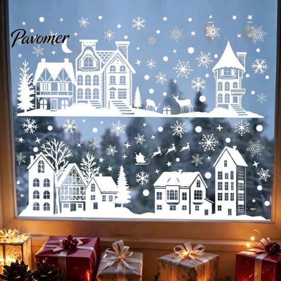 Indoor Outdoor Glass Window Stickers 2Pcs Christmas Town Static Sticker, Reusable Decal with Snowflake Clings for Winter Pattern, Decorative