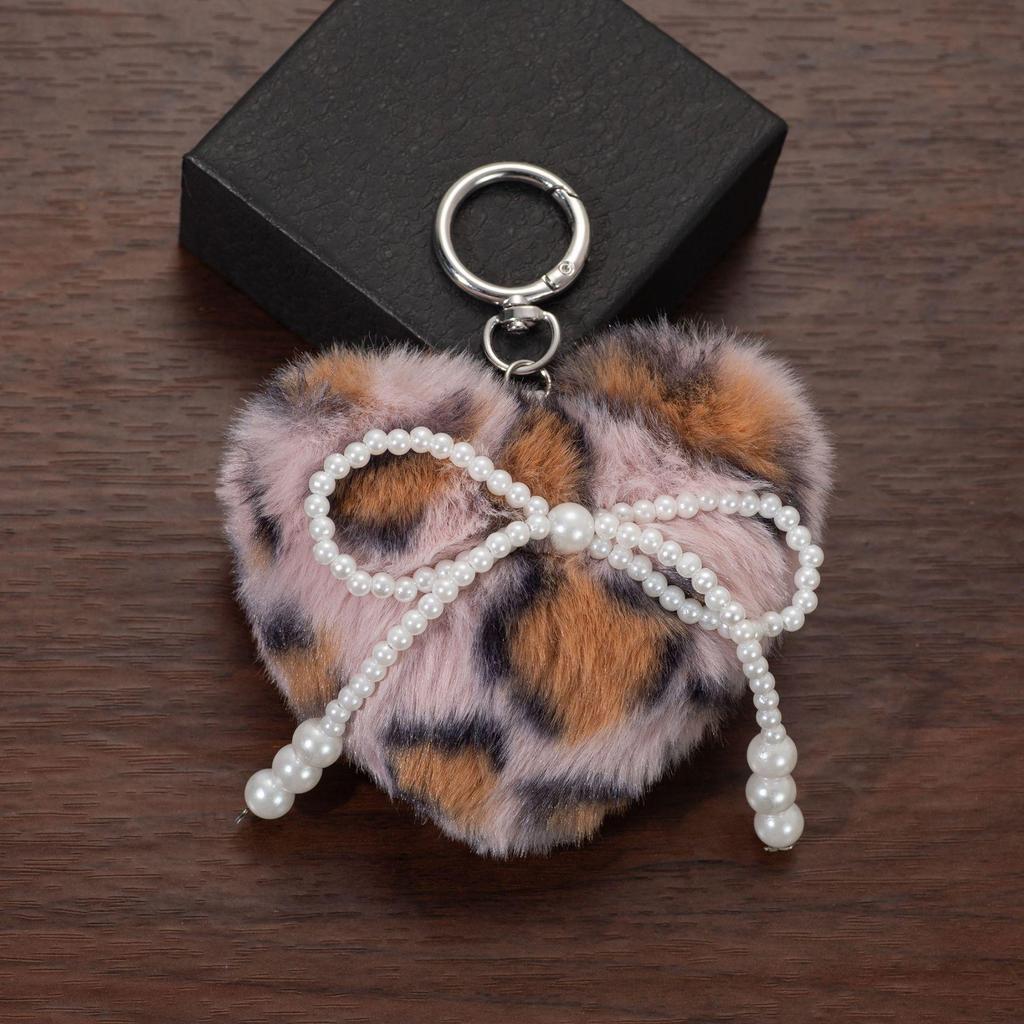 Leopard Print Faux Pearl Bow Keychain Backpack Charm
