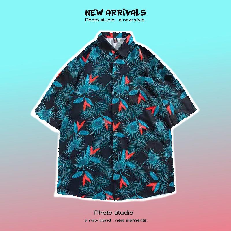 Pánská košile s krátkým rukávem v retro květinovém stylu ve stylu Hongkongu - Havajský design, Rebelská, Všestranná, Volný střih, Letní nošení, Ideální pro páry.