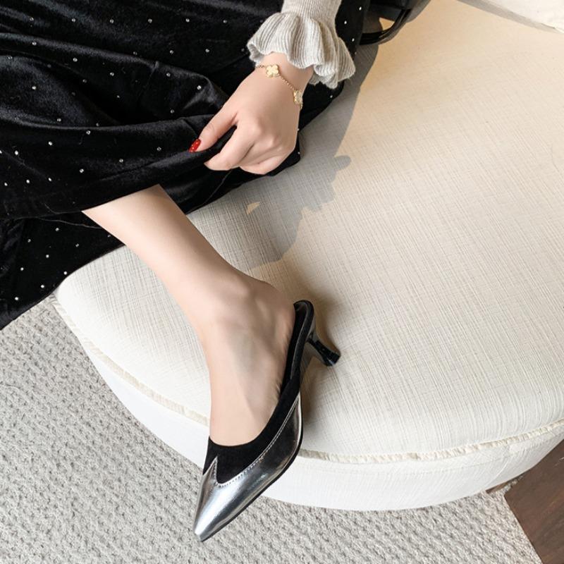 Fashion Women's Pointed Mid-heel Sandals Spring Baotou Shallow Mouth Splice Set Foot Anti-slip Wear-resistant Slippers