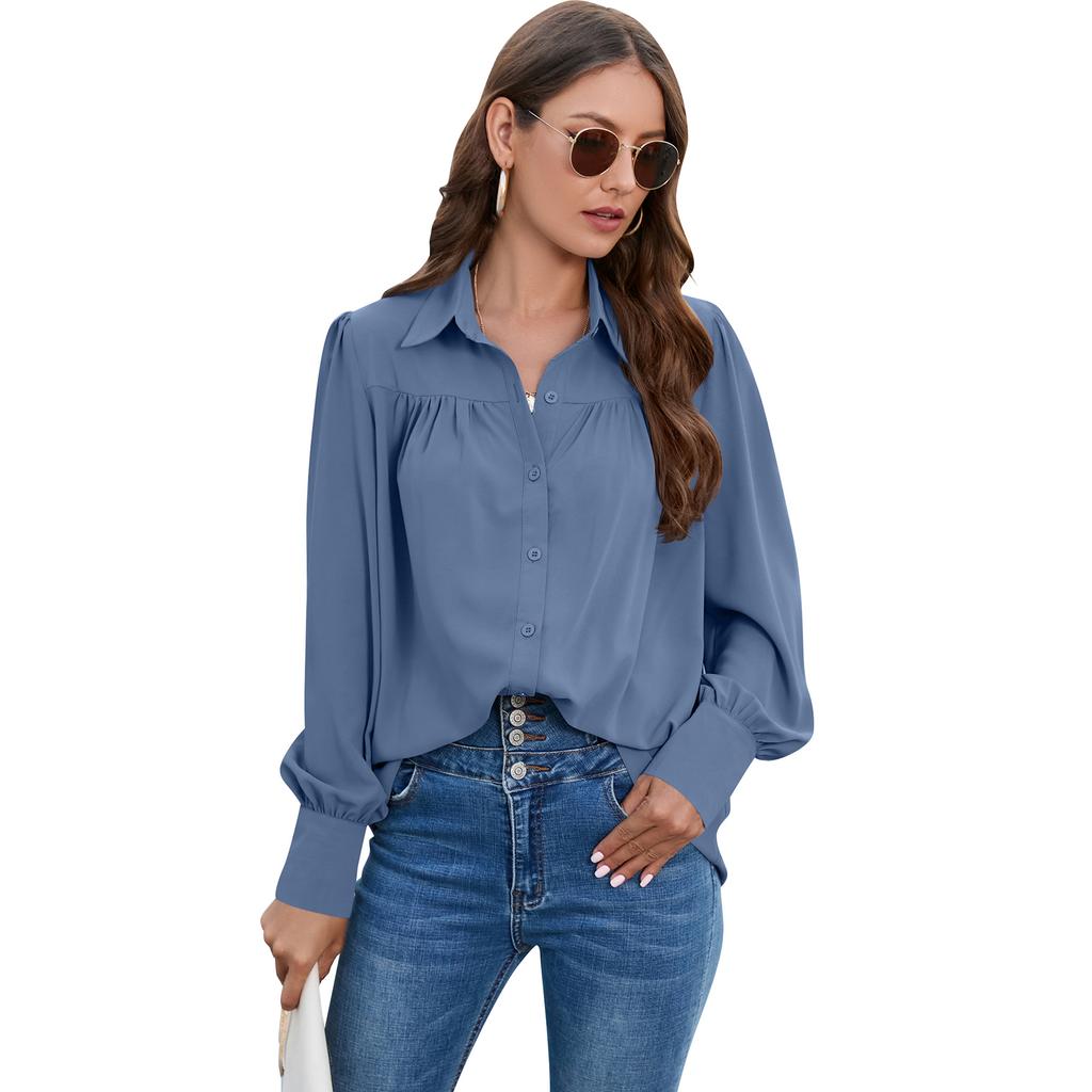 Spring and Autumn Women's Shirt Pleated Long Sleeve Blouse Tops Temperament Elegant Plus Size
