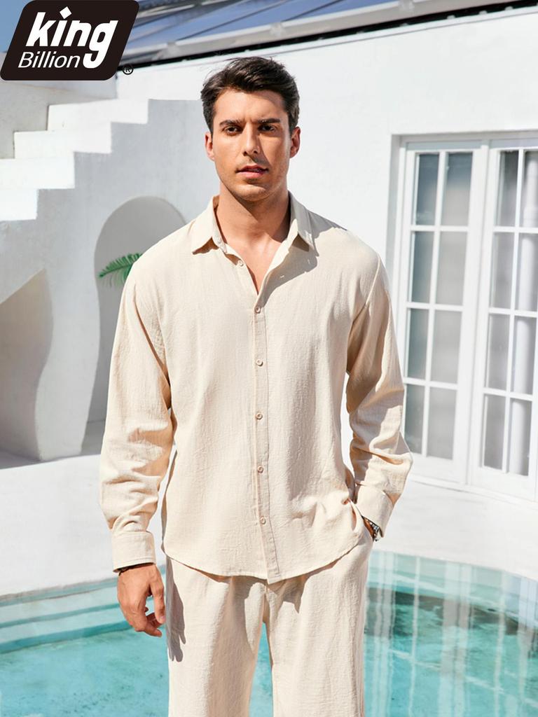 Spring Summer Men's Cotton Linen Shirt Long Sleeve Solid Color Casual Vacation Beach Lightweight Cozy Shirt