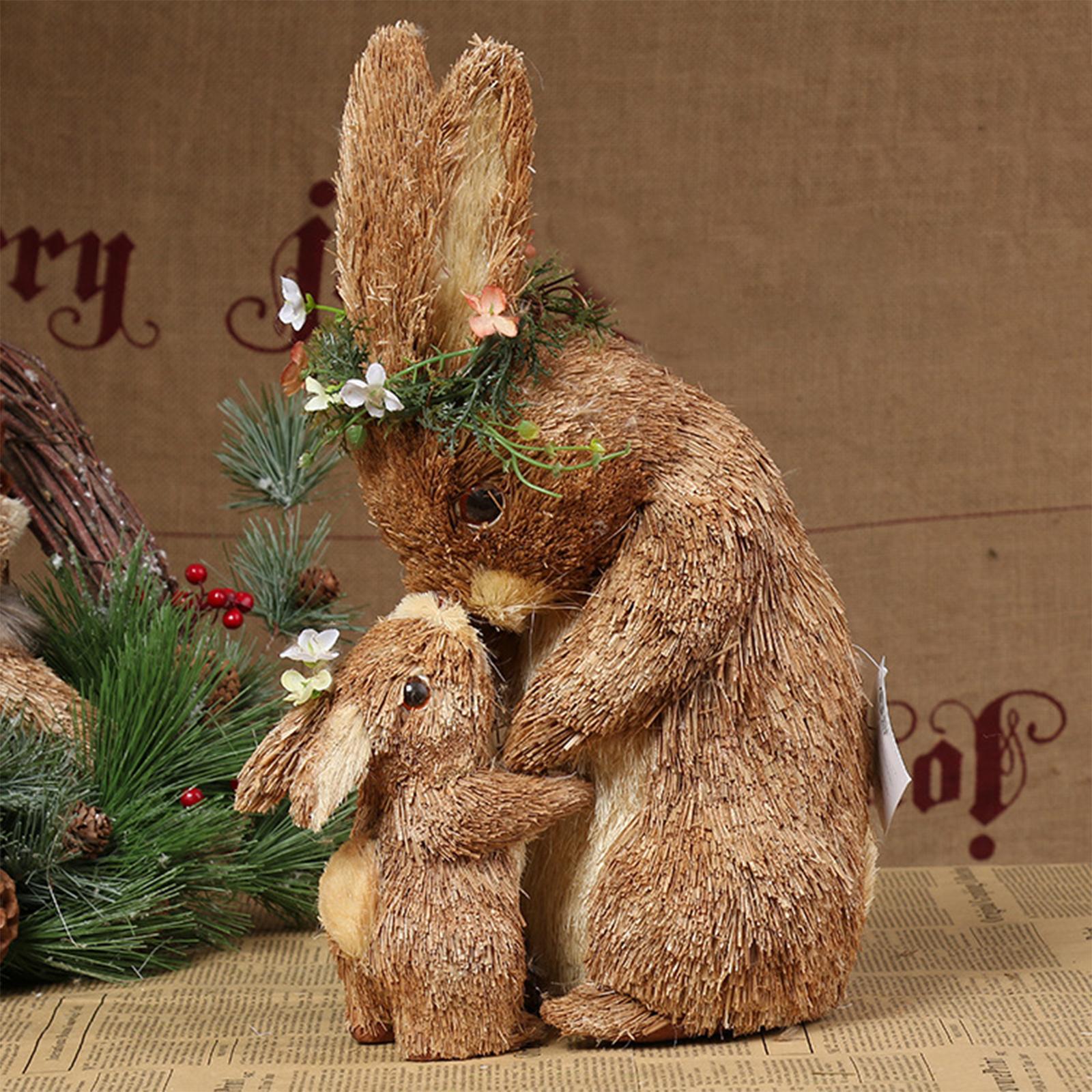 Straw Easter Rabbit Bunny Sculpture Crafts Standing Animal for Desktop Indoor Outdoor Garden Home Holiday Decoration