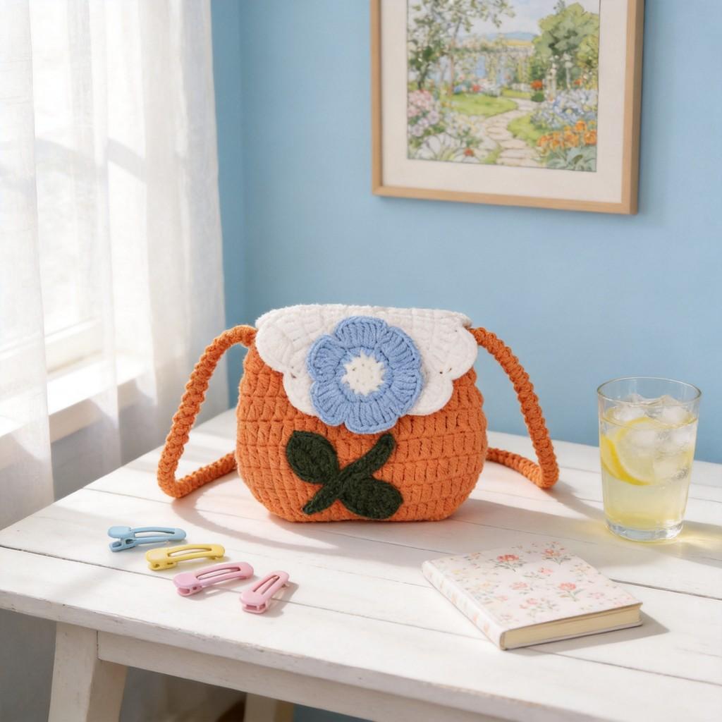 Baby Girl Mini Knit Flower Purse With Snap Closure For Daily Use