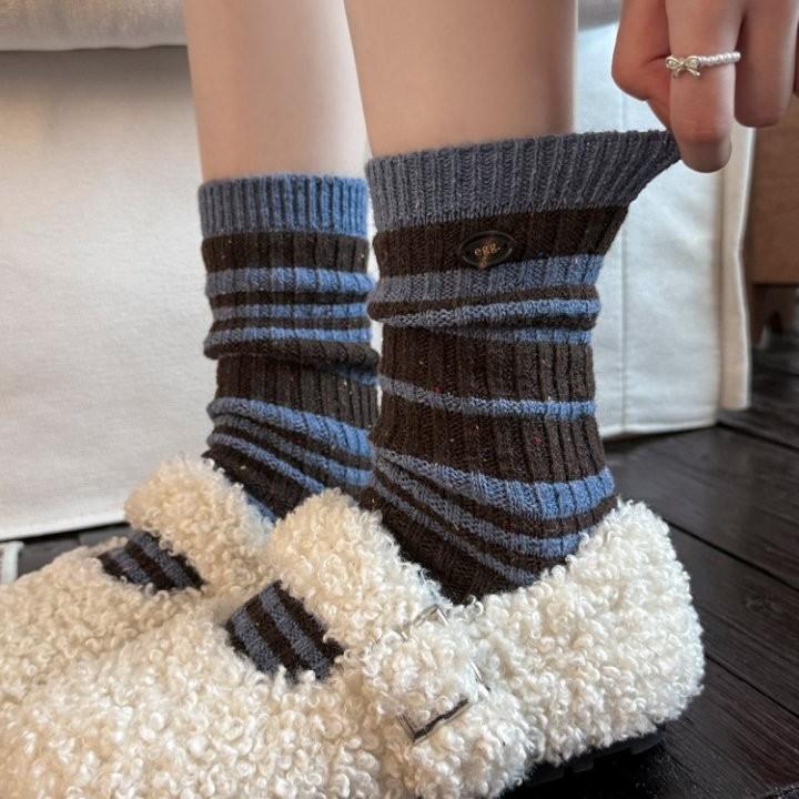 Women's Winter Thickened Trend Button Striped Wool Medium Tube Pile Socks