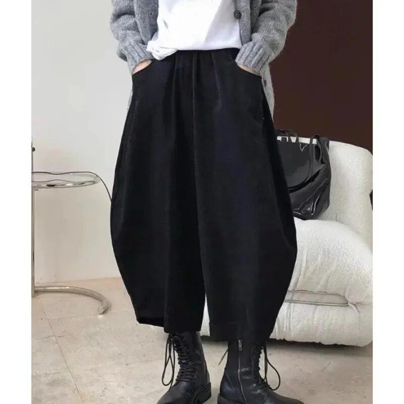 

Осенние винтажные свободные шаровары, женские весенние широкие шаровары с карманами, офисные женские однотонные брюки, элегантные 30016 One Size чёрный