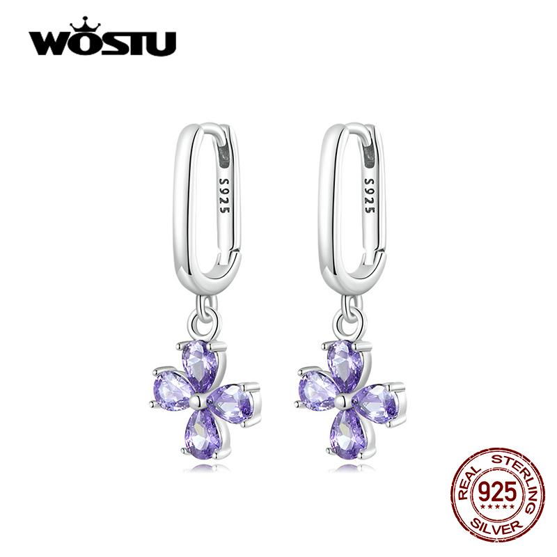 WOSTU Real 925 Sterling Silver Purple Flower Heart Cross Drop Earrings for Women Trendy Zircon Earrings Fine S925 Jewelry Gifts