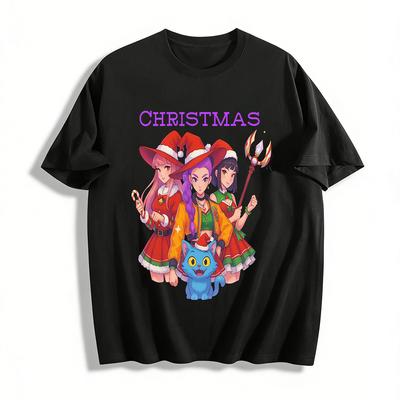 Christmas Magic Girl Print Top Festive Cartoon Cat Pattern Loose Casual T-Shirt Pure Cotton T-shirt