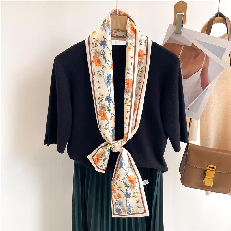 Two Sides 14X147cm Luxury Silk Scarf Women Neckerchief Hair Band Ribbon Headband Foulard Floral Bag Neck Ties Narrow Thin Strip