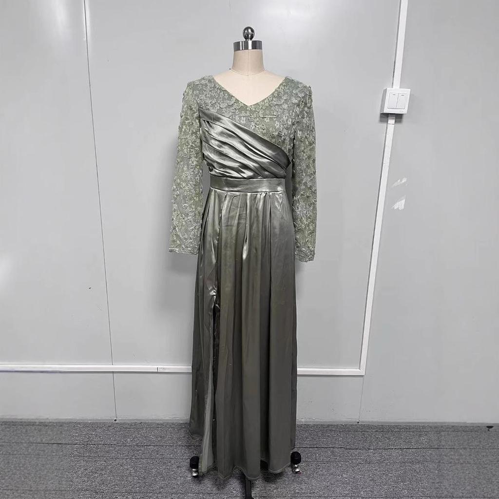 Elegant Green Ruffle Lace Mid-Waist Long Evening Dress