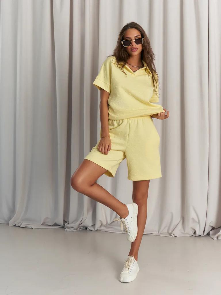 Casual Polo Short Sleeve 2-Piece Outfit, Relaxed Fit Top with Elastic Waist Shorts, Summer Loungewear Set
