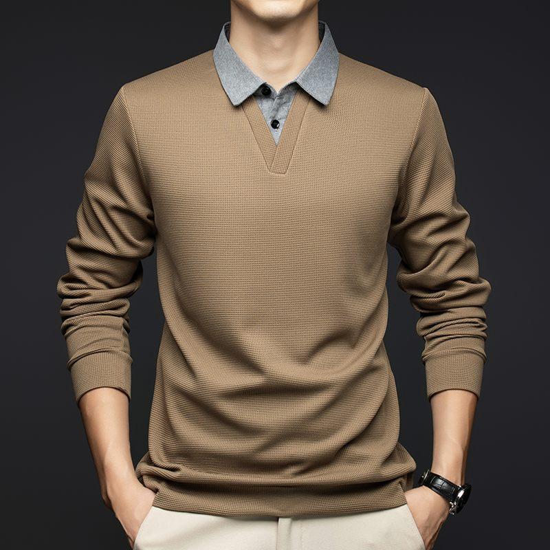 

Two-piece T-shirt Shirt Collar for Men with Long Sleeves Layered Spring and Autumn Men s Fashion Base Shirt L хаки