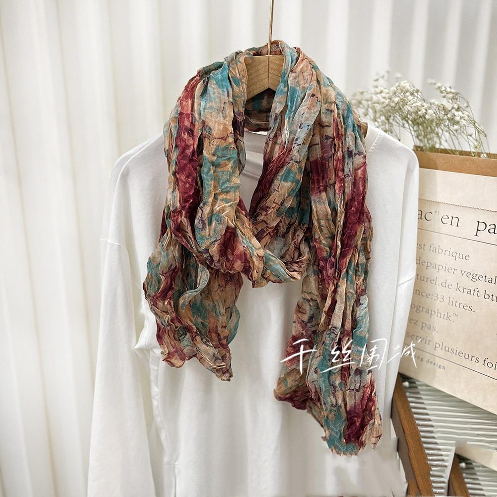 New Retro Literary Imitation Cotton And Linen Pleated Thin Versatile Shawl Small Floral Scarf Yarn Japanese Fashion Trend