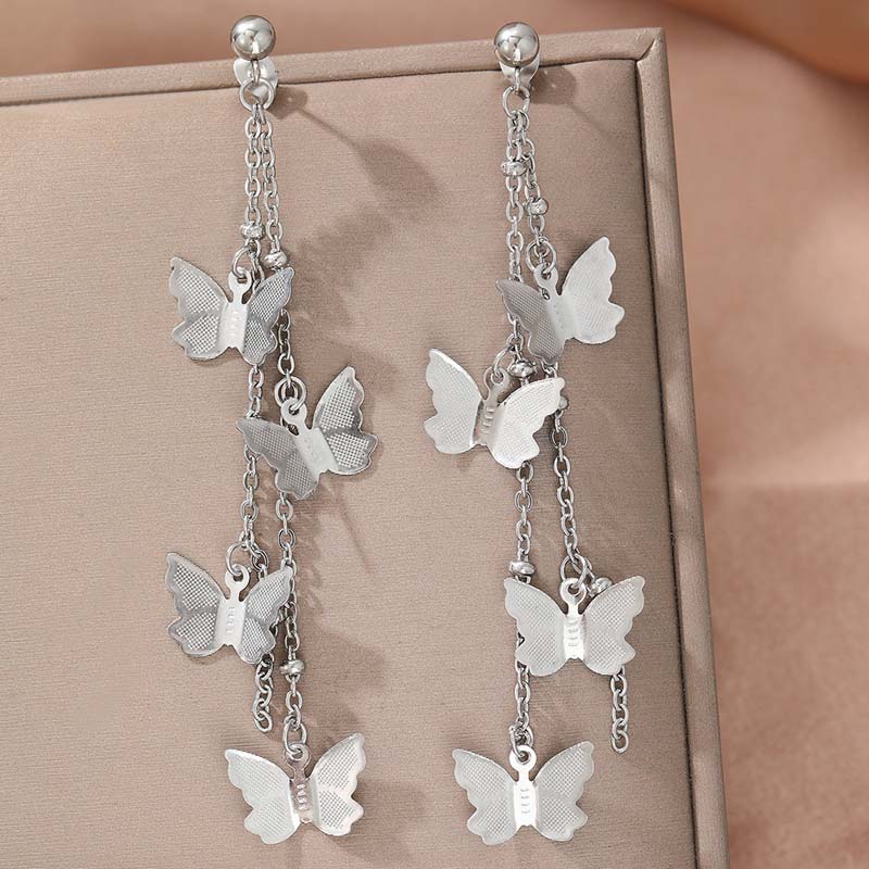 

Stainless Steel Gold Color Butterfly Tassel Pendant Earrings For Women Vintage Metal Long Chain Drop Earrings Zircon Gifts