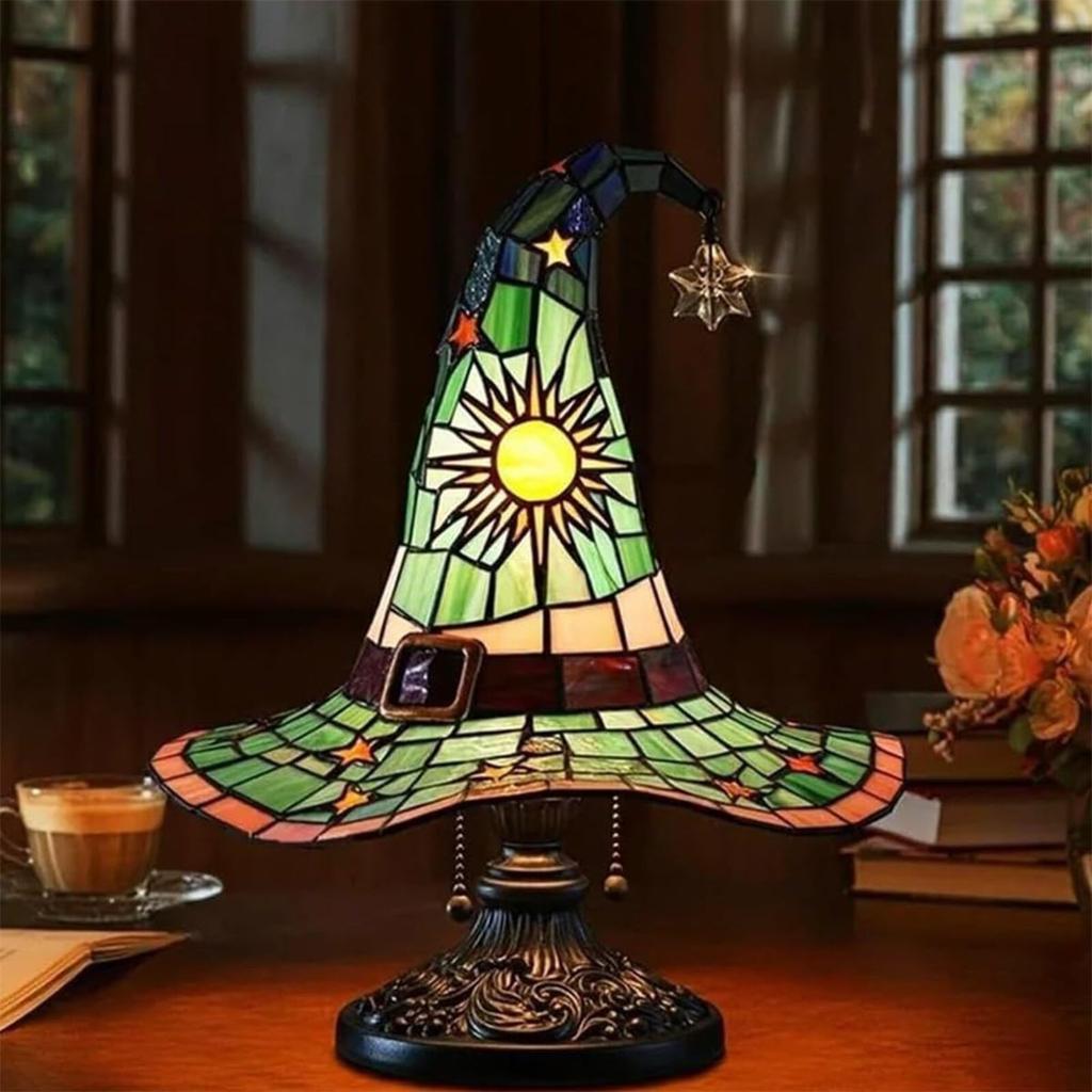 Stained Glass Witch Hat Lamp, Spooky Fun Handmade Hat Shape Lights, Nightstand Night Light With Mystical Charm