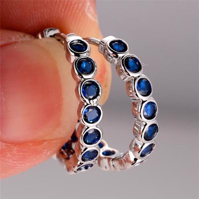 Crystal Green Blue Black Purple Round Zircon Stone Hoop Earrings For Women  Female Silver Color Wedding Jewelry