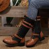 Herfst Nieuw Rond Neus Gepaneld Denim Vetersluiting Voorkant Rits Zijkant Platform Antislip Slijtvast Blokhak Hoge Laarzen