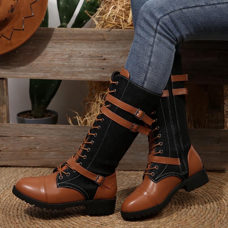 Herfst Nieuw Rond Neus Gepaneld Denim Vetersluiting Voorkant Rits Zijkant Platform Antislip Slijtvast Blokhak Hoge Laarzen