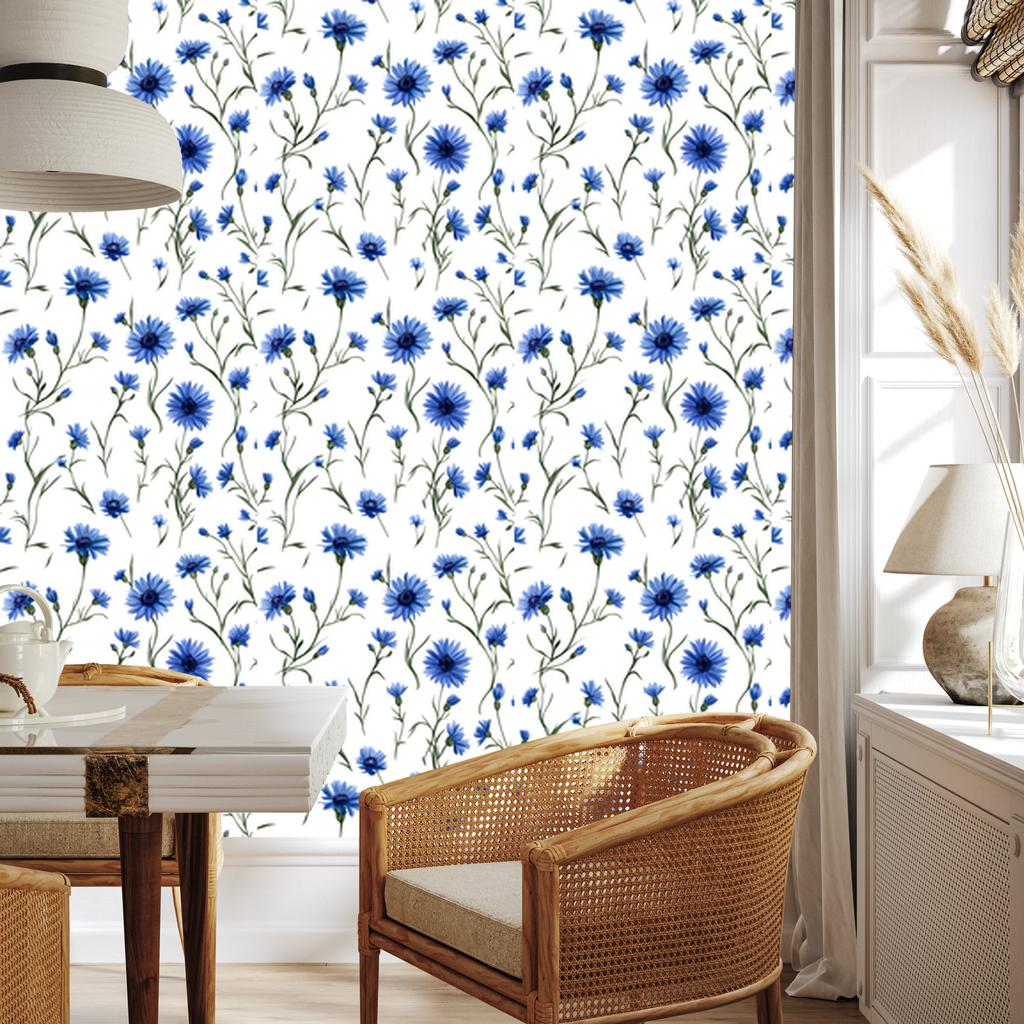 Wallpaper Flowers and Leaves White, Light Gray and Blue 50x1000