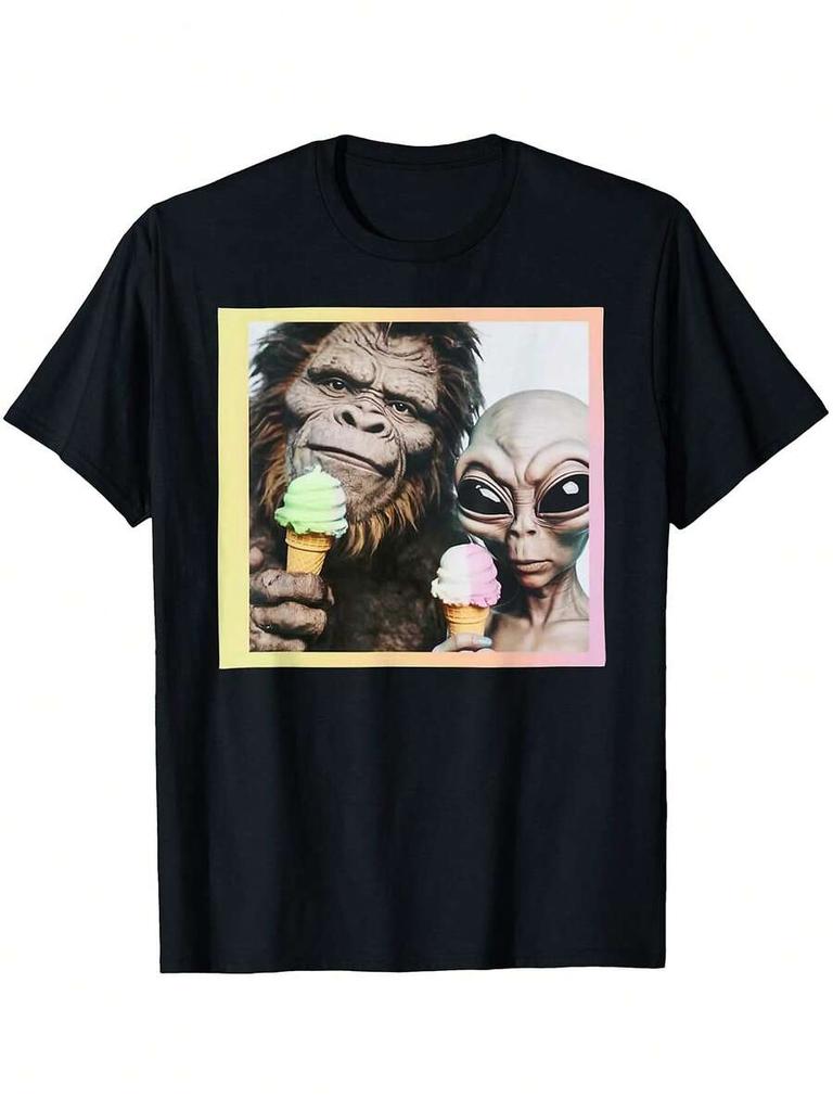 Big-Foot Selfie With Loch Ness Monste And UFO Aliens Graphic T-Shirt, Unisex Graphic T Shirts