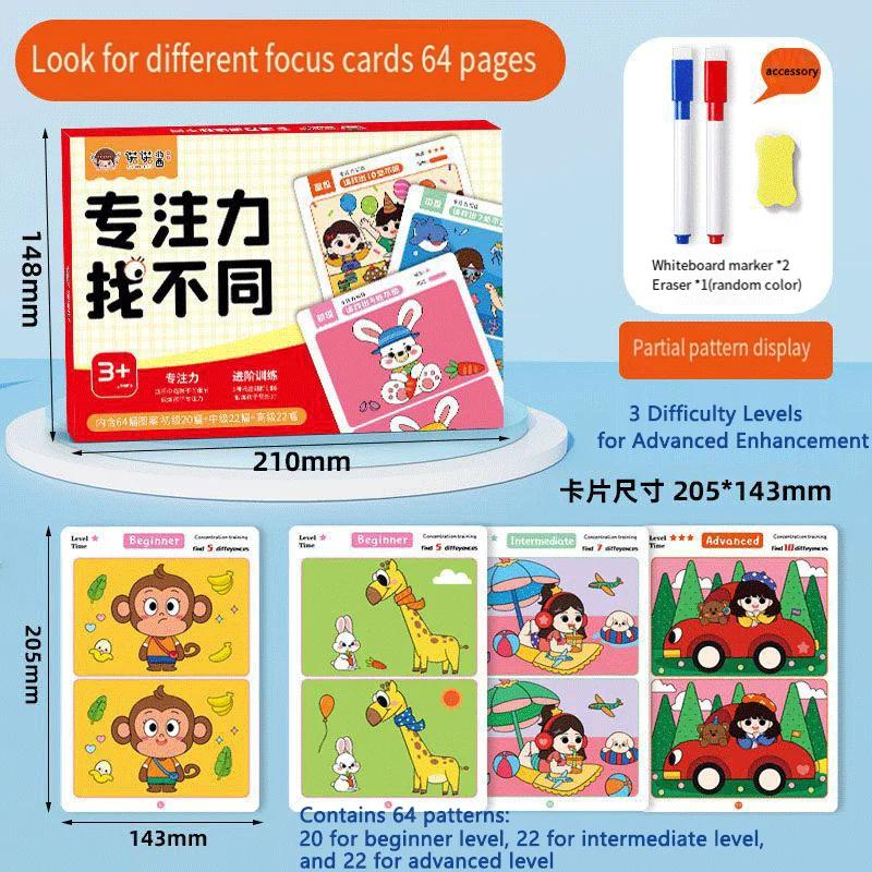 

64 cards Educational Fault Finding Game Reusable Wiping Paper for Focus and Attention Training Identifying Differences Card