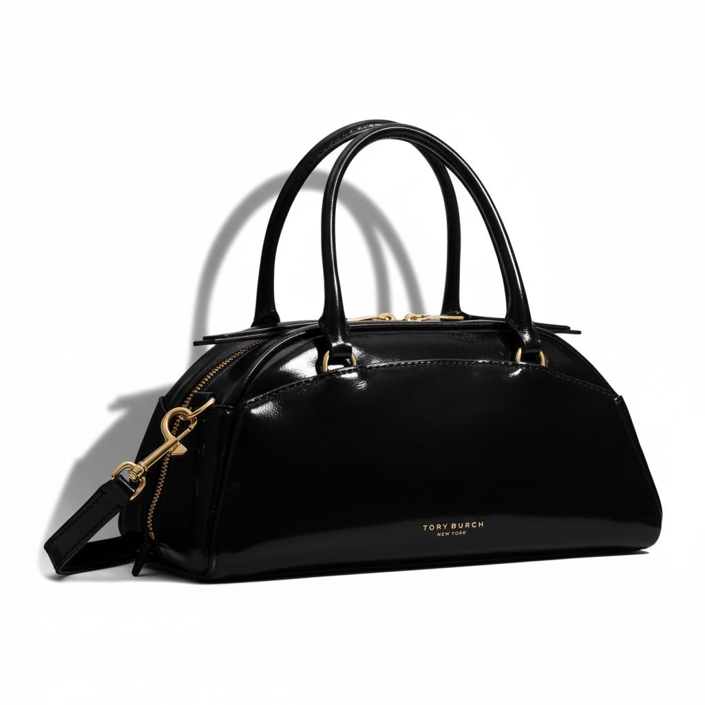 Tory Burch Logo Design Leather Bowling Bag Women Handbags Black 178799-001