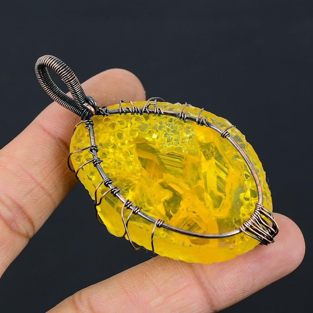 Yellow Rough Crystal Handmade Copper Wire Wrap Pendant 2.76" G9a69