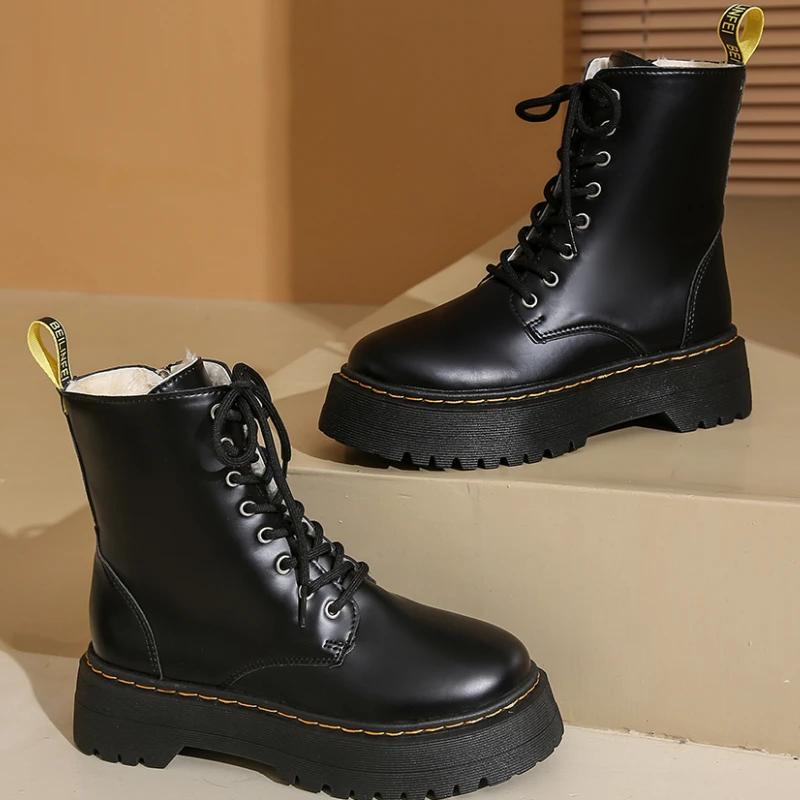 Mote Nye Minimalistiske Snøresko Kamp Kvinner Støvler Chunky Hæl Plattform Kvinner Støvler Britisk Stil Tykk Såle Øk Høyde Fritidssko