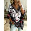 Women's Printed V-neck Short-sleeved, Casual Loose-fitting Dropped Shoulder Mid-sleeve T-shirt, Large Size