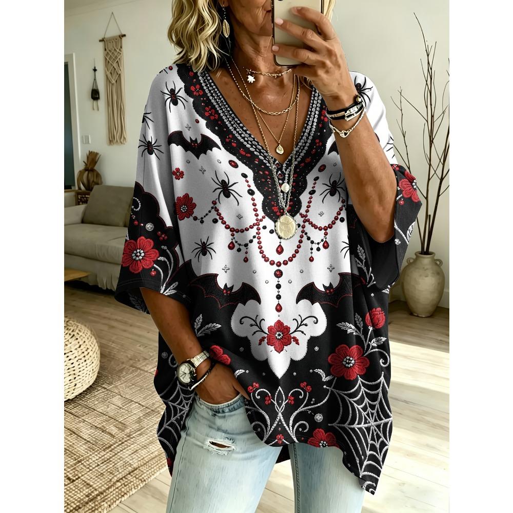 Women's Printed V-neck Short-sleeved, Casual Loose-fitting Dropped Shoulder Mid-sleeve T-shirt, Large Size