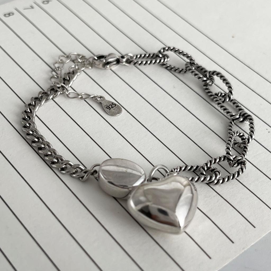 100% Solid 925 Silver Retro Bracelet for Women Men Vintage Handmade Heart Bracelet Birthday Gift