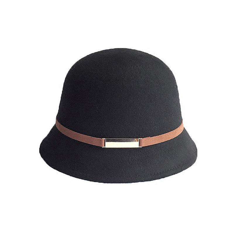 Ladies Wool Top Hat Leather Decoration Fashion Woolen Small Basin Hat Black Hat